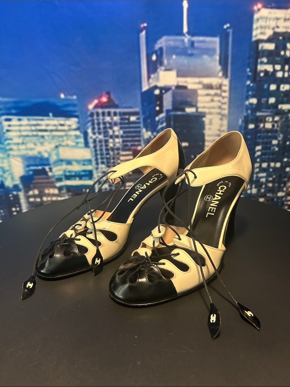 CHANEL Black and Cream Lace-Up Peep Toe Heels